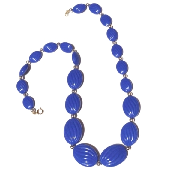 VINTAGE 60s SILVER-TONE BLUE LINED OVAL FLAT STONED SHELLED 24" NECKLACE - Picture 2 of 9